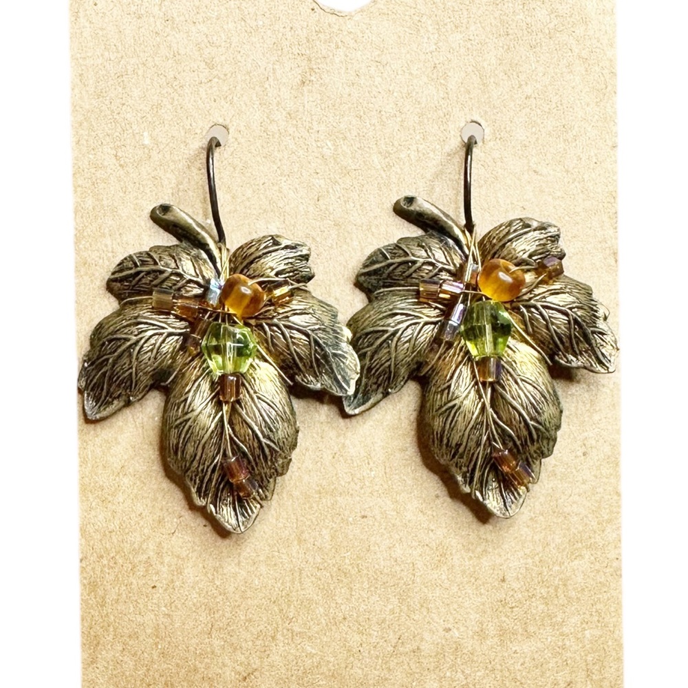 Vintage Embossed Fall Leaf Beaded Drop Earrings
